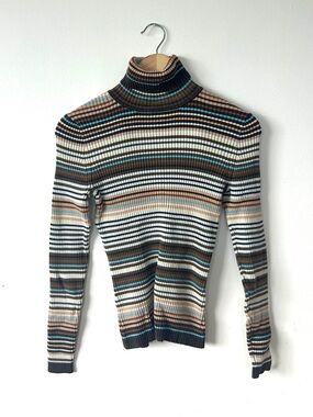 GAP Striped Ribbed Turtleneck Sweater in Brown, Cream & Teal